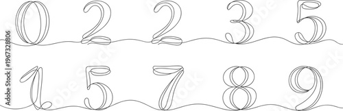 Hand-drawn black ink numbers zero to nine with decorative swirls and flourishes