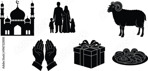 Eid Mubarak silhouette illustration, Islamic festival mosque, family togetherness, ram sacrifice, prayer devotion, gift giving, festive food, cultural tradition