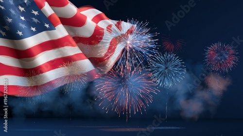 Fireworks Light up the Sky Behind the Waving American Flag During a Celebrati...