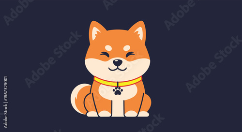 Adorable cartoon Shiba Inu dog sits happily with a golden collar and a paw print charm against a dark blue background for pet lovers.