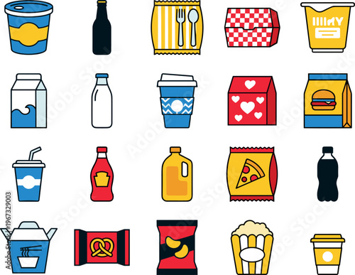 Fast Food and Beverage Icons Collection Including Pizza, Soda, Fries, Chips, and Bottles for Restaurant, Snack, and Product Designs