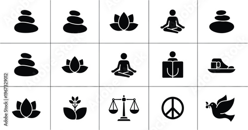 Collection of black and white icons symbolizing balance, peace, meditation, and nature's serenity