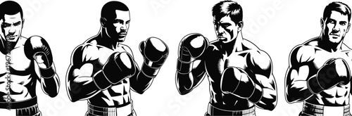 Vintage engraving illustration of four boxers standing in fighting stance with gloves, muscular athletes, combat sports training artwork concept
