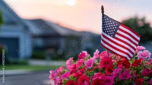 Flag Stands in Colorful Flowers in a Neighborhood During the Evening Light