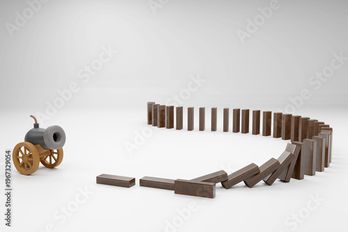 Wooden domino blocks arranged to symbolize collapse, risk, and strategic consequences.