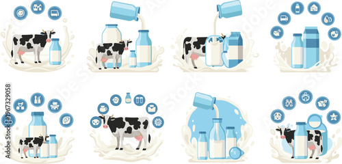Cow milk and dairy products illustrations set with bottles, cheese and farm elements, fresh agriculture food collection in flat vector style