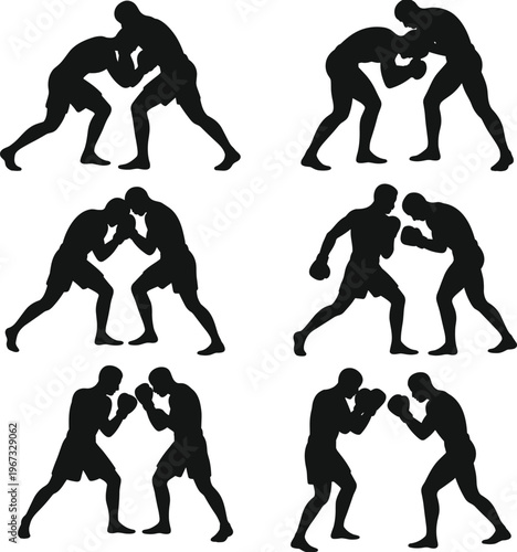 Vintage engraving illustration of martial arts silhouettes with fighters sparring, combat sports training, wrestling boxing discipline artwork concept design