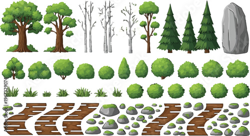 Nature landscape constructor set with green trees, bushes and rocks. Forest environment elements vector collection. Garden vegetation and park scenery assets.