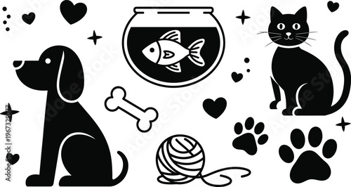 Vintage engraving illustration of pets dog cat fish with paw prints hearts stars bone yarn playful animal companionship artwork