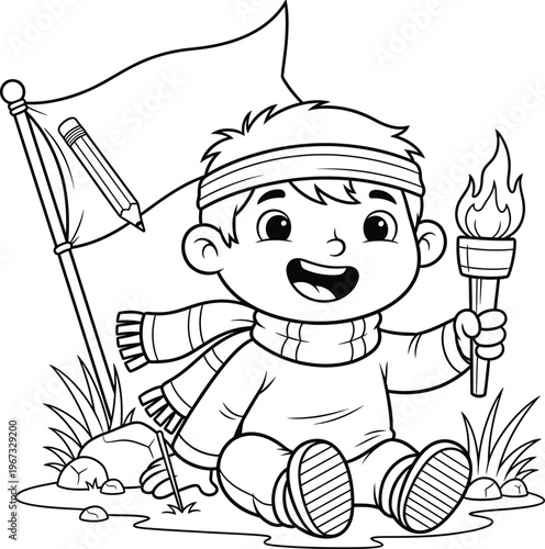 Memorial day remembrance patriotic boy with flag and torch honoring heroes