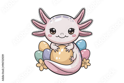 An adorable cartoon axolotl embraces colorful easter eggs surrounded by cheerful flowers perfect for springtime designs on transparent background high-quality professional.