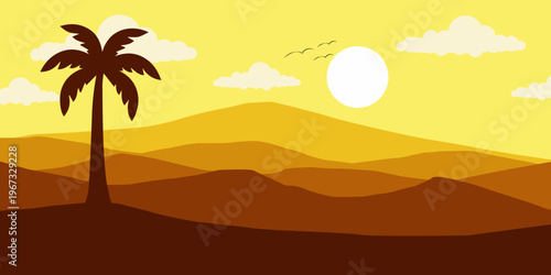 Tropical desert landscape at sunset with palm tree silhouette and mountains.