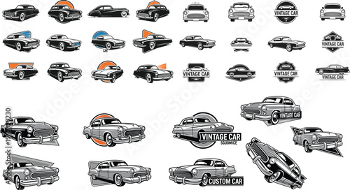Foto Set of Vintage and Custom Car Illustrations with Logos for Automotive, Classic C