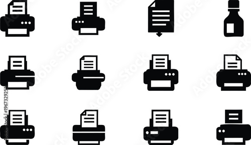 Printer Icons Set Office Equipment and Document Printing