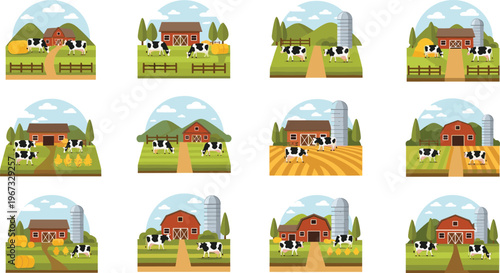 Farm landscape scenes with cows, barns and agricultural fields, rural countryside illustration collection in modern flat vector style