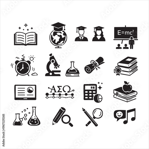 Collection of black and white school and education icons for learning and knowledge on white background.