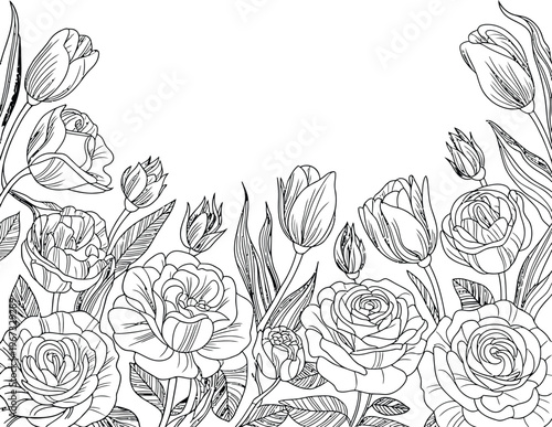 Luxury rose flower line art seamless border background, floral plant leaf frame design with vintage bouquet pattern for wedding card summer spring nature decorative vector illustration.
