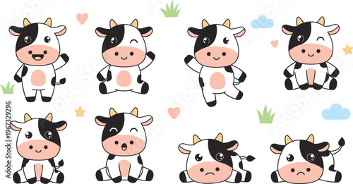 Cute cow cartoon characters set with playful poses and expressions, kawaii farm animals collection in soft pastel flat vector style