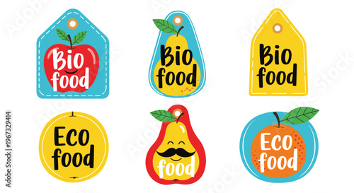 Collection of Bio and Eco food labels featuring colorful fruit shapes like apples, pears, and oranges for organic product branding and packaging.