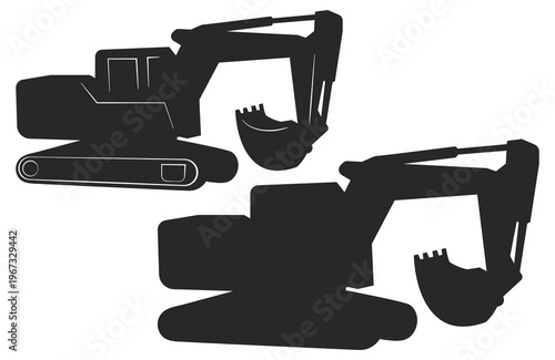 Excavator silhouette in two different styles. Vector drawings isolated on a white background. 