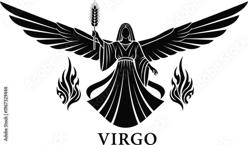 Virgo zodiac angel silhouette with wings holding wheat mystical astrology symbol black illustration for horoscope design tattoo print poster