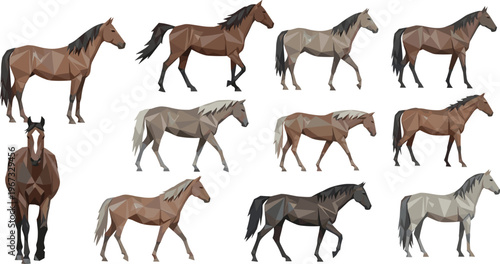 Low poly horse illustrations set with geometric polygon design, modern abstract equine animals collection in minimalist vector style