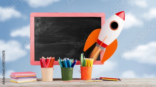 Creative Workspace With Rocket Launch and Colorful Supplies at School During ...