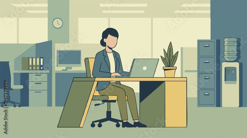 Professional woman working on laptop at desk in a modern minimalist office