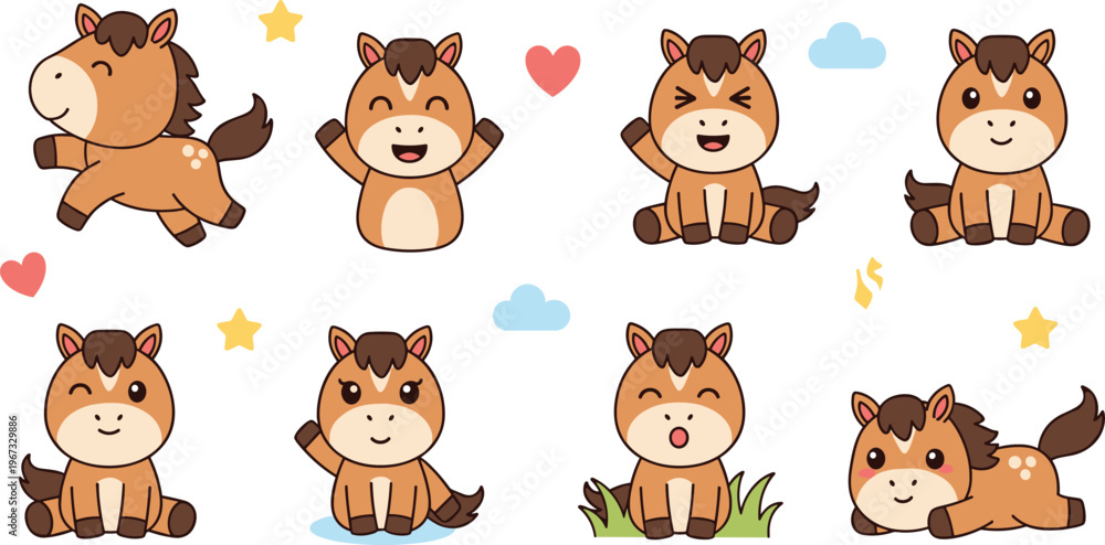 Obraz premium Cute horse cartoon characters set with playful poses and expressions, kawaii pony animals collection in soft pastel flat vector style