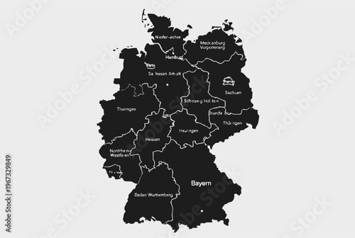 Black and white map of Germany with labeled federal states and regions