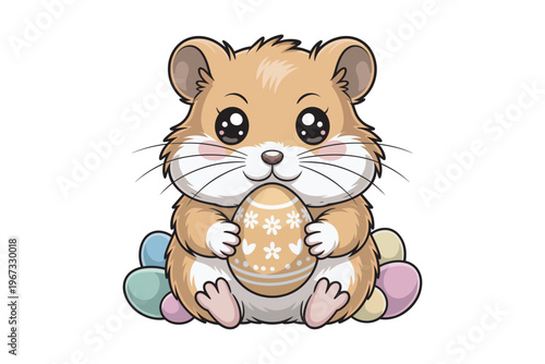 A charming cartoon hamster lovingly cradles a decorated easter egg surrounded by pastel colored eggs on transparent background high-quality professional detailed.