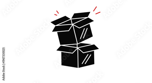Simple black silhouette of two open cardboard boxes with red motion lines suggests delivery, shipping, moving, or unboxing new products.