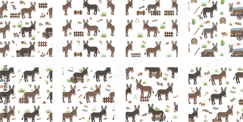 Seamless donkey pattern set with farm animals, fences and rural elements, playful countryside background collection in flat vector style