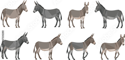 Low poly donkey illustrations collection with geometric polygon design, modern abstract burro animals in minimalist flat vector style