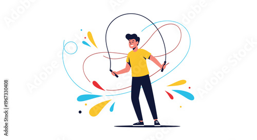 Active young man in a yellow shirt jumps rope with colorful abstract lines in the background promoting fitness, exercise, and health.