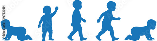 Child development vector, baby crawling, toddler standing, child walking, growth progression, early childhood stages, blue silhouette design, motion illustration art
