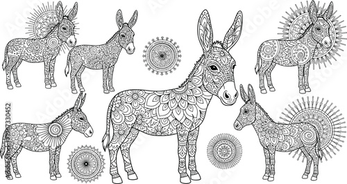 Ornate donkey illustrations with intricate mandala patterns, decorative burro animals and circular ornaments in detailed black and white vector style