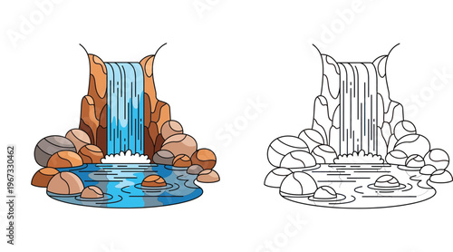 Vector illustration of a cascading waterfall with rocks and water pool, featuring both full color and black and white outline versions for coloring book pages.