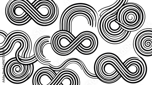 Abstract Infinity Loop Pattern Collection with Curved Lines and Swirls in Black and White for Graphic, Design, and Pattern Illustrations