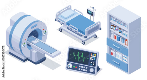 Medical equipment collection including MRI scanner, hospital bed, vital signs monitor, and medicine cabinet illustration