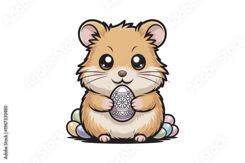 A charming cartoon hamster lovingly cradles a decorated easter egg surrounded by pastel colored eggs on transparent background high-quality professional detailed.