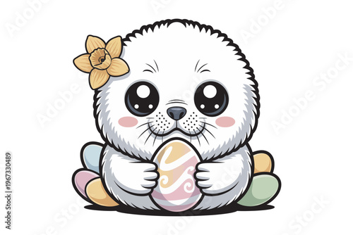 An adorable cartoon seal pup embraces a decorated easter egg while wearing a yellow daffodil perfect for spring designs on transparent background.