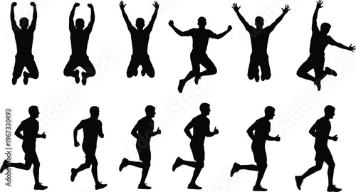 Set of Athletic Man Silhouettes Running and Jumping in Joy Expressing Success and Victory Isolated on White Background Vector Collection