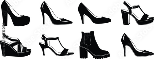 Set of Women Shoes Silhouettes Including High Heels Pumps Sandals and Boots Isolated on White Background for Fashion Design Vector