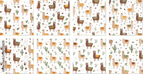 Seamless llama pattern set with cute alpaca animals, cactus and desert elements, playful nursery background collection in flat vector style