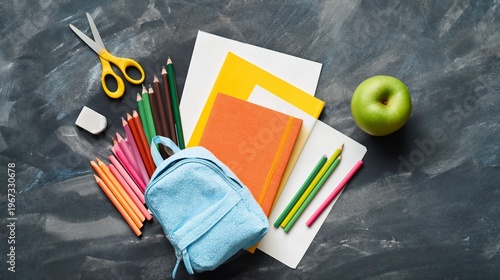 School Supplies Are Ready on the Table With Colorful Items and a Green Apple ...