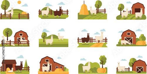 Farm landscape scenes with llamas, barns and countryside elements, rural agriculture illustration collection in modern flat vector style