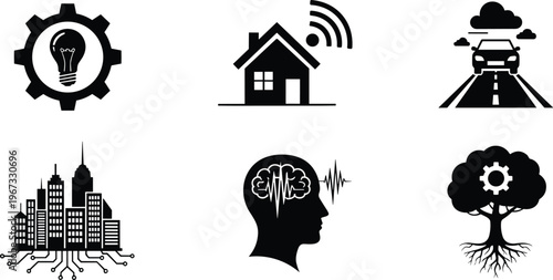 Flat vector illustration of smart city icons, digital brain, industrial innovation, eco technology, connected home, and autonomous transport for future concepts.