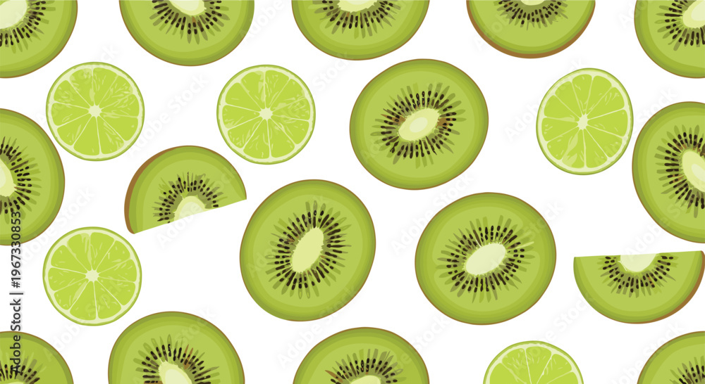 Fototapeta premium Fresh Kiwi and Lime Slice Seamless Pattern Background with Green Tropical Fruit Illustration for Packaging, Textile, Wallpaper, and Summer Design