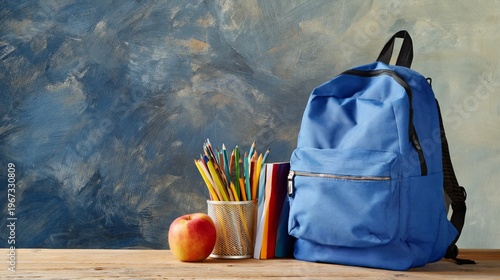 Backpack With School Supplies and Apple on Wooden Table With Blue Wall Backgr...